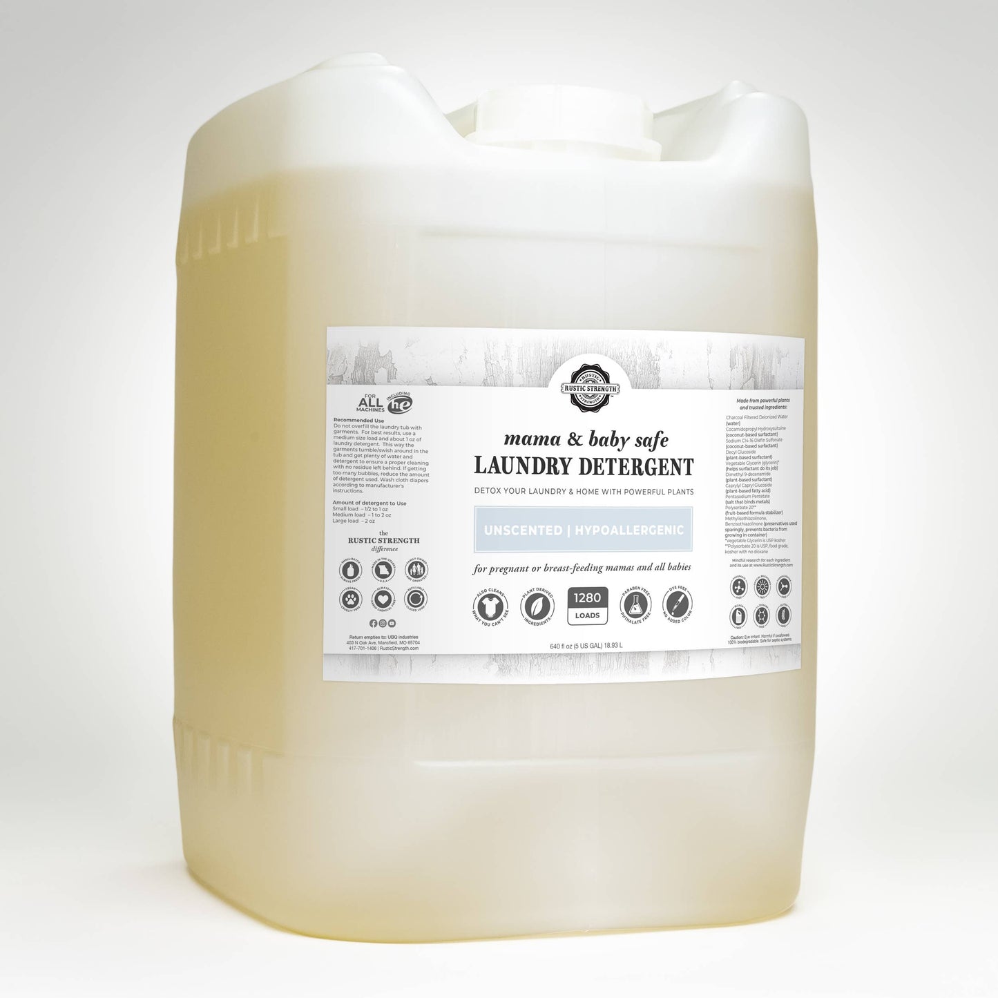 Rustic Strength - Truly Hypoallergenic Laundry Detergent | Non-Toxic for Skin: Hypoallergenic (Unscented) / Gallon Glass Jug
