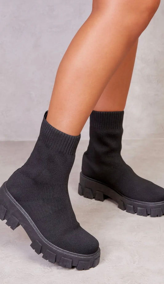 Black Knitted Sock Pull on Chunky Ankle Boot