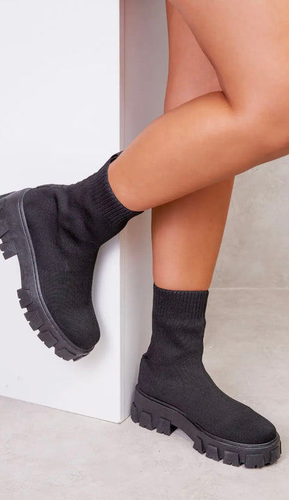 Black Knitted Sock Pull on Chunky Ankle Boot